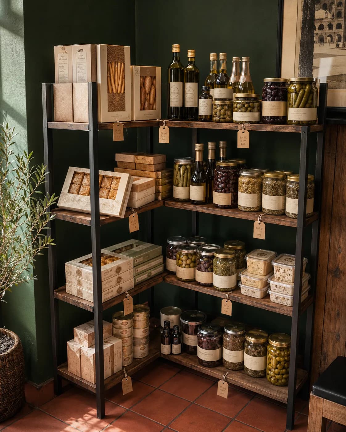 The mouneh corner inside The Wrap Shack — dark wood shelves of Lebanese olive oil, olives, za’atar, halva, and sweets against a deep green wall