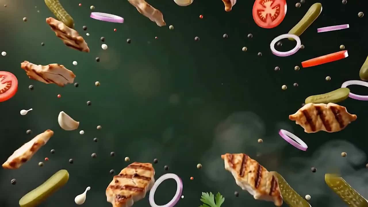 Shawarma ingredients assembling into a kraft-wrapped wrap over a deep green studio haze