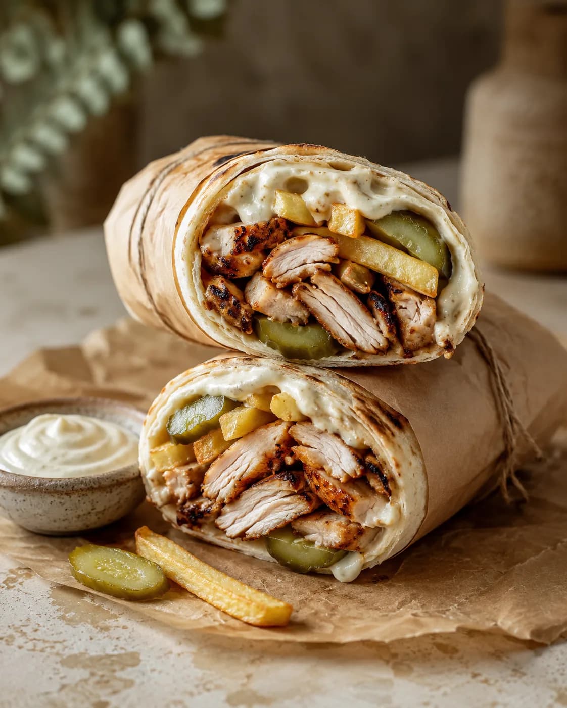 Chicken shawarma wrap halves stacked on a plate, garlic sauce spilling from the cut