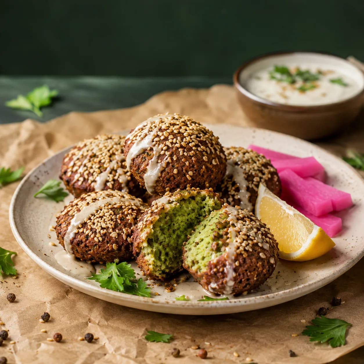 Sesame-crusted falafel on a plate, one broken open to its green herb interior