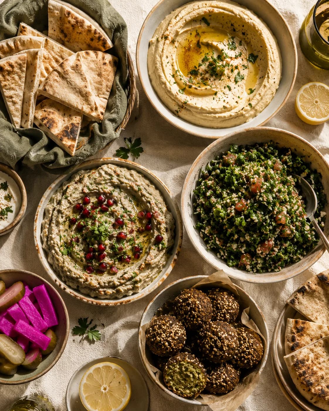 Mezza spread — hummus, baba ghanoush, tabouleh, falafel, and warm pita