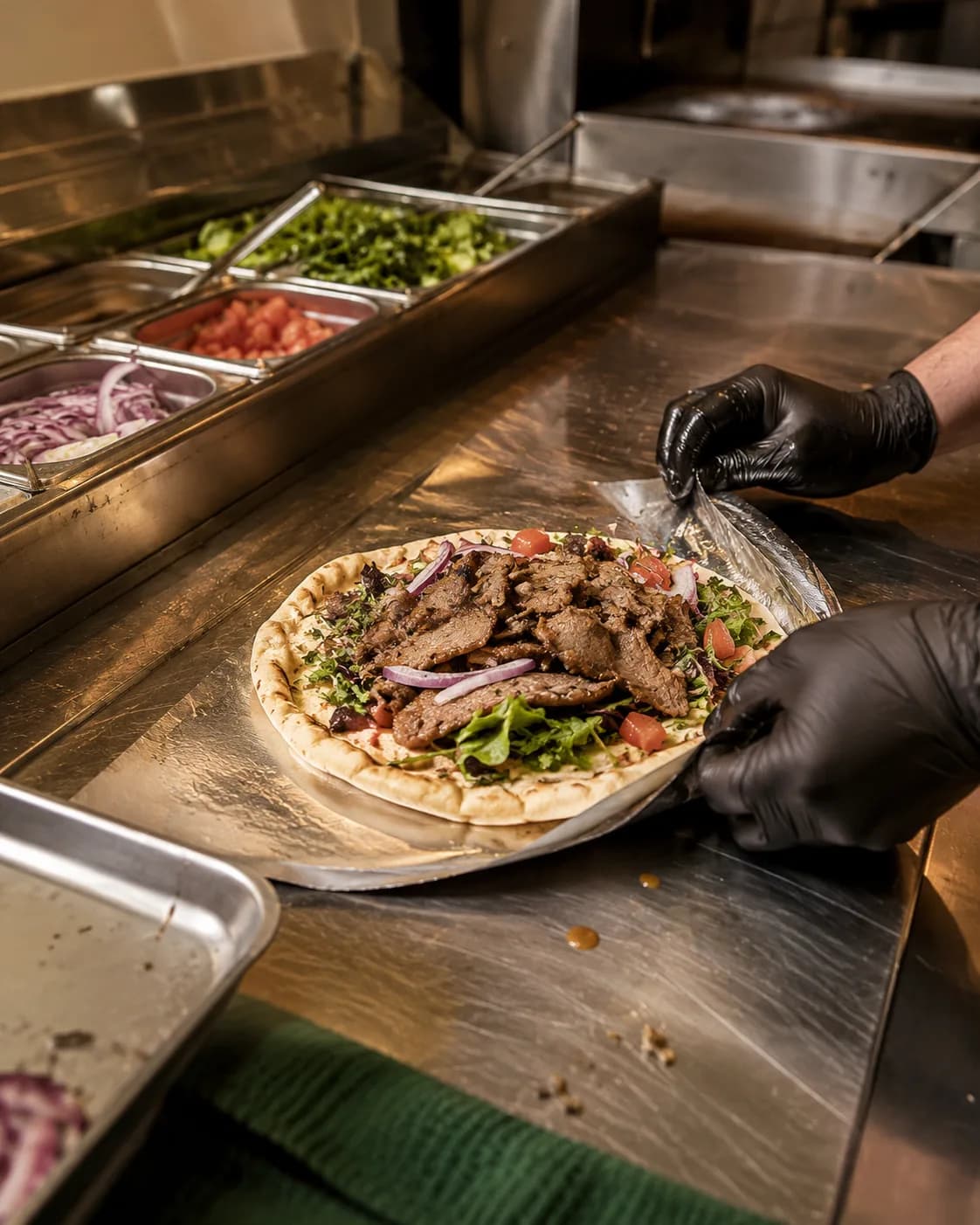 A gyro pita coming together on the prep line