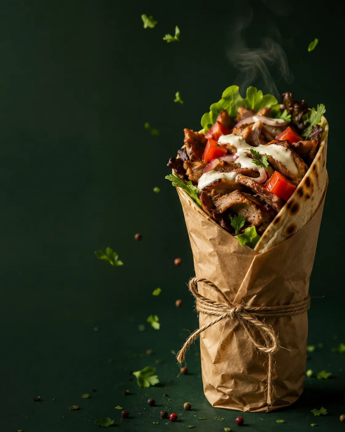 Kraft-wrapped shawarma cone with steam rising against deep green