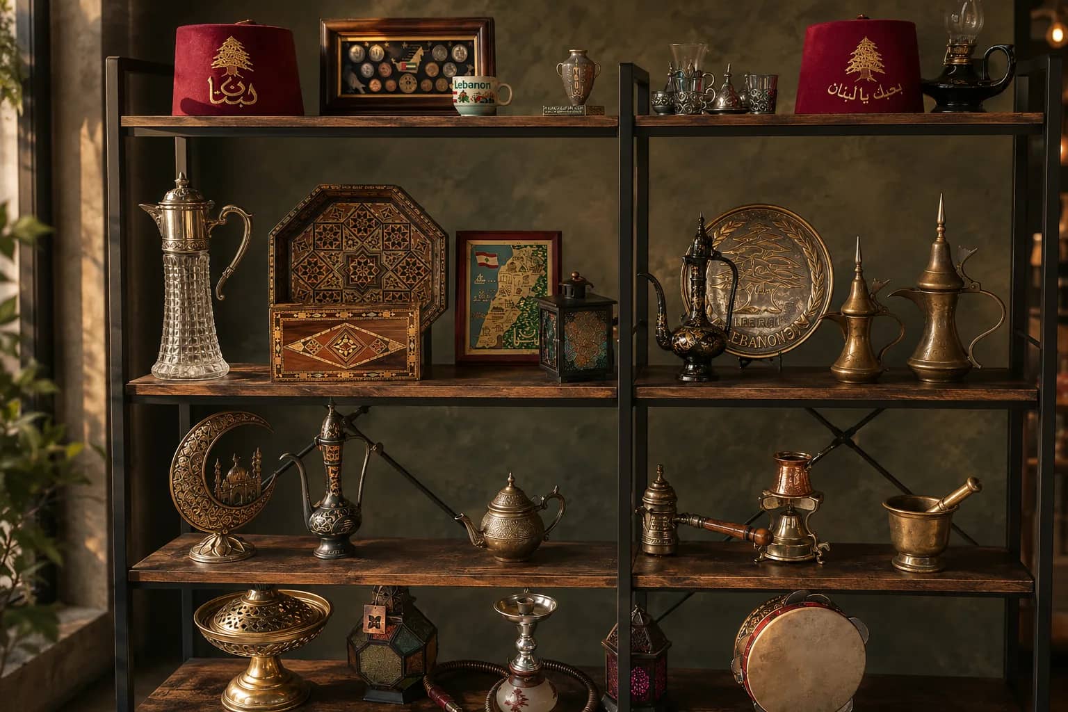 A display of Lebanese heirlooms inside The Wrap Shack — cedar-embroidered tarboosh hats, inlaid mosaic boxes, brass dallah coffee pots, and a Lebanon map plate on dark wood shelves