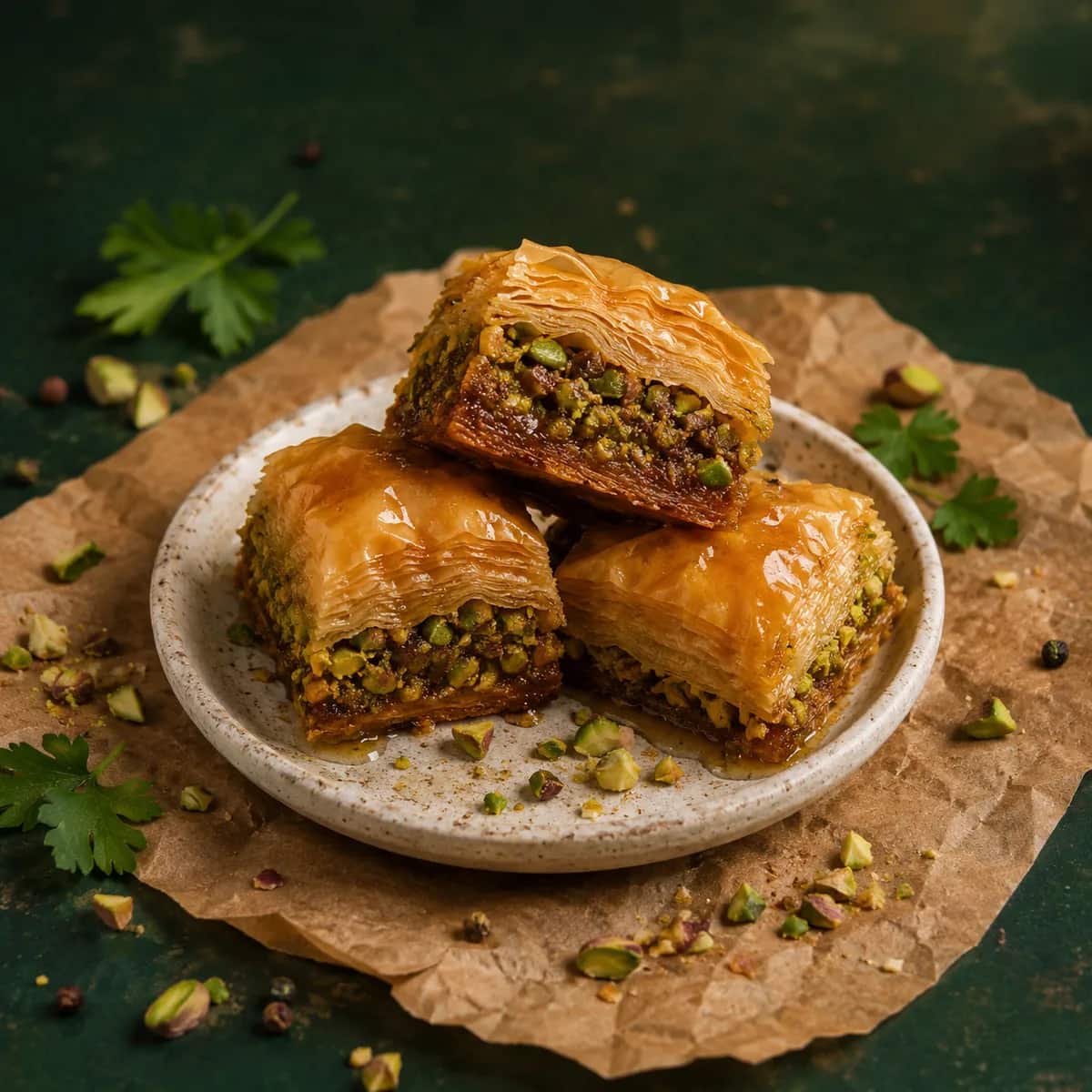 Layered pistachio-and-walnut baklava soaked in syrup