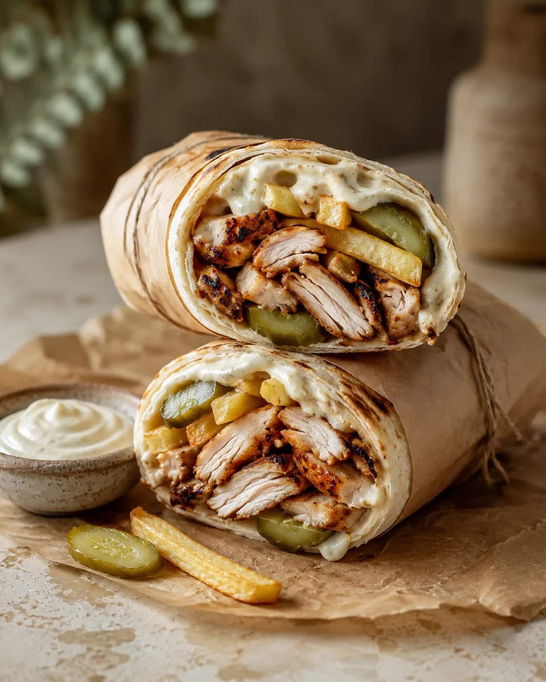 Chicken shawarma wrap halves stacked, garlic sauce at the cut