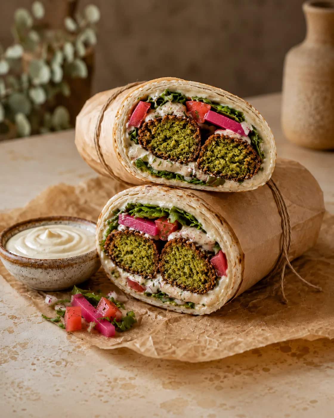 Rolled falafel wrap cut to show crisp falafel and greens