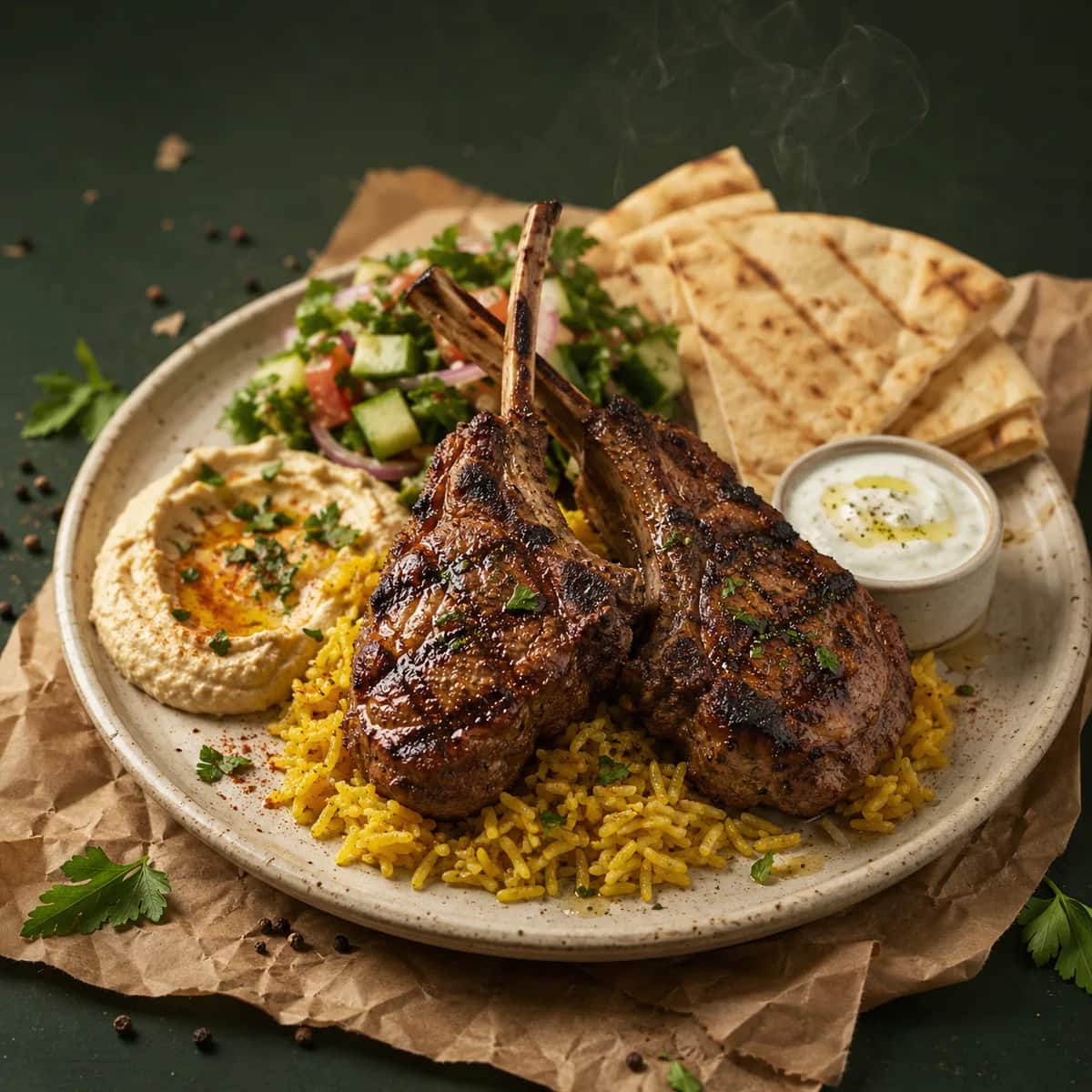 Grilled lamb chops over rice with hummus and salad