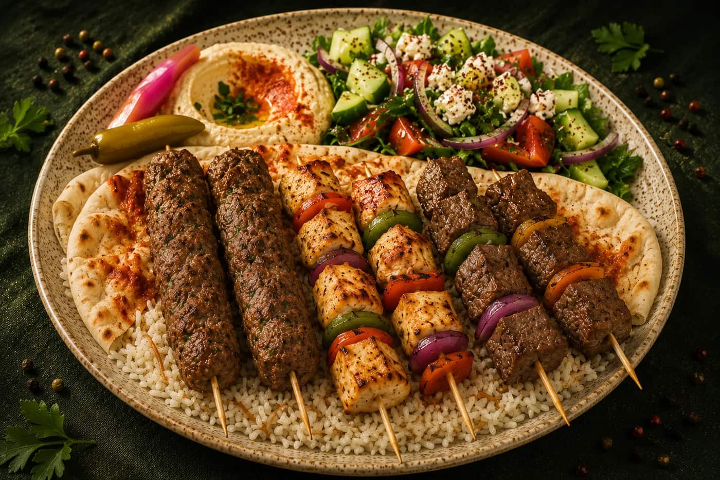 Platter of kefta, chicken, and beef skewers over rice