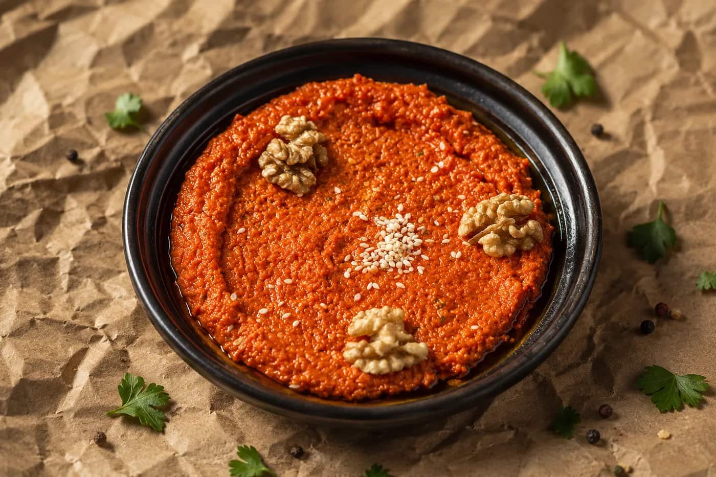 Red muhamara dip topped with walnuts and sesame