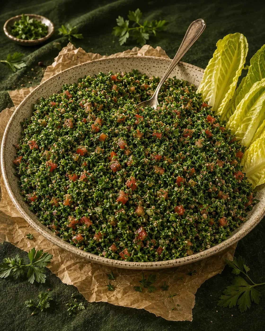 Bowl of parsley-first tabbouleh with romaine hearts