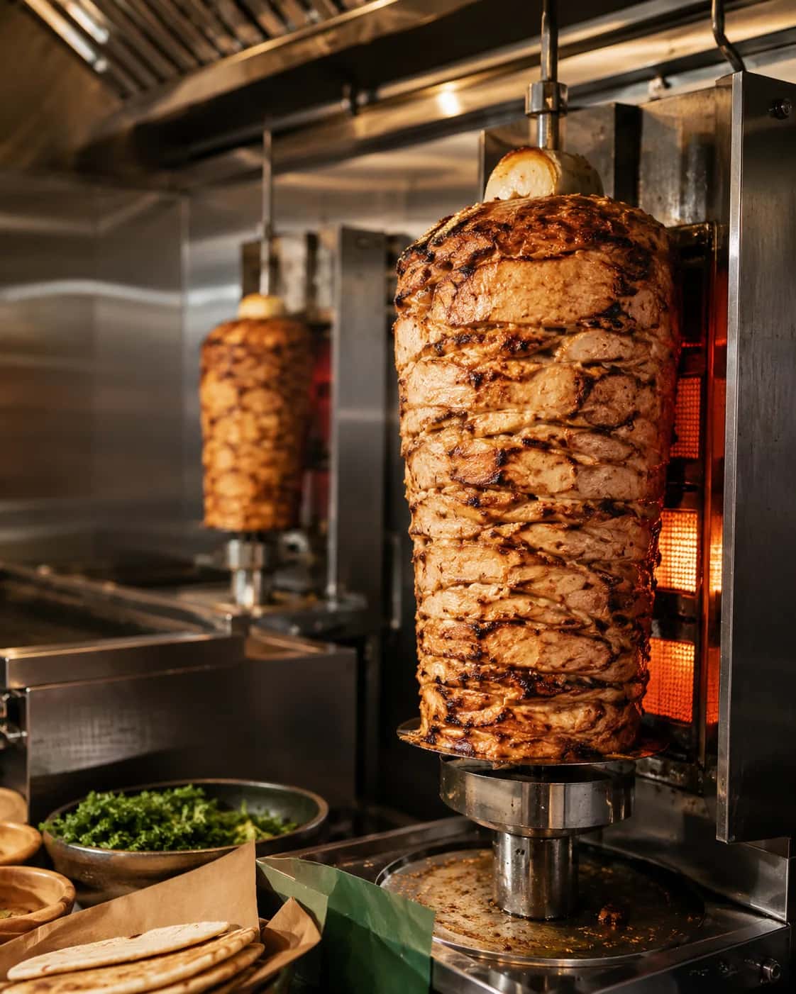 Chicken shawarma stacked on twin vertical spits, roasting in the kitchen